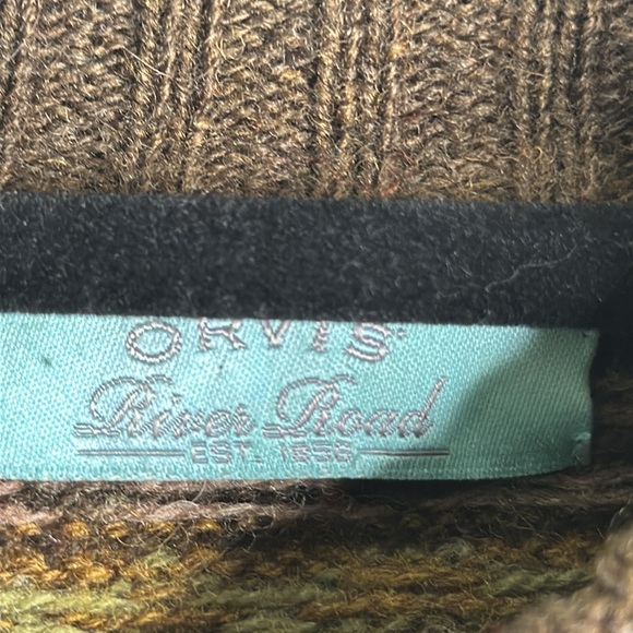 ORVIS wool long sweater cardigan  button front size L olive green red Nordic - Picture 6 of 11